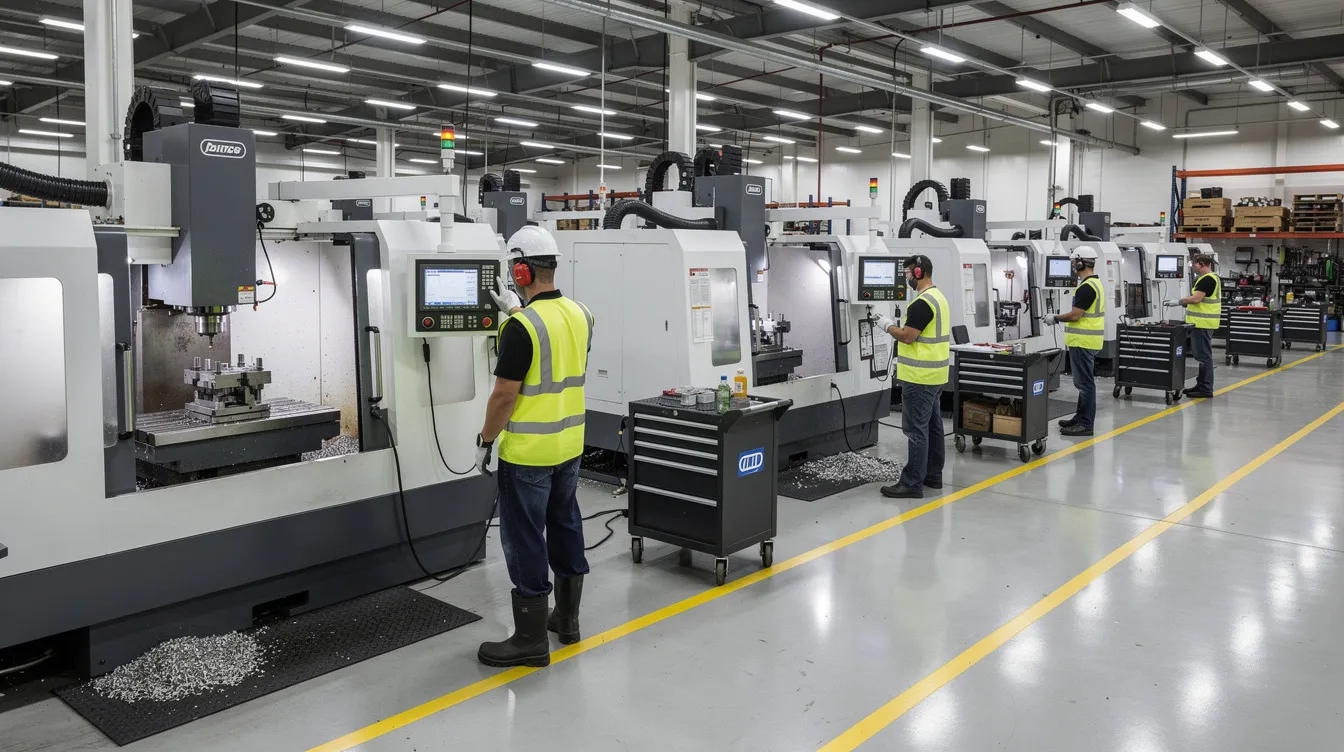 The image depicts a modern CNC machine shop floor bustling with multiple milling machines and operators, all wearing safety gear. This advanced facility showcases the precision sheet metal fabrication process, highlighting the use of cutting-edge technology for custom metal parts and ensuring high-quality production standards.