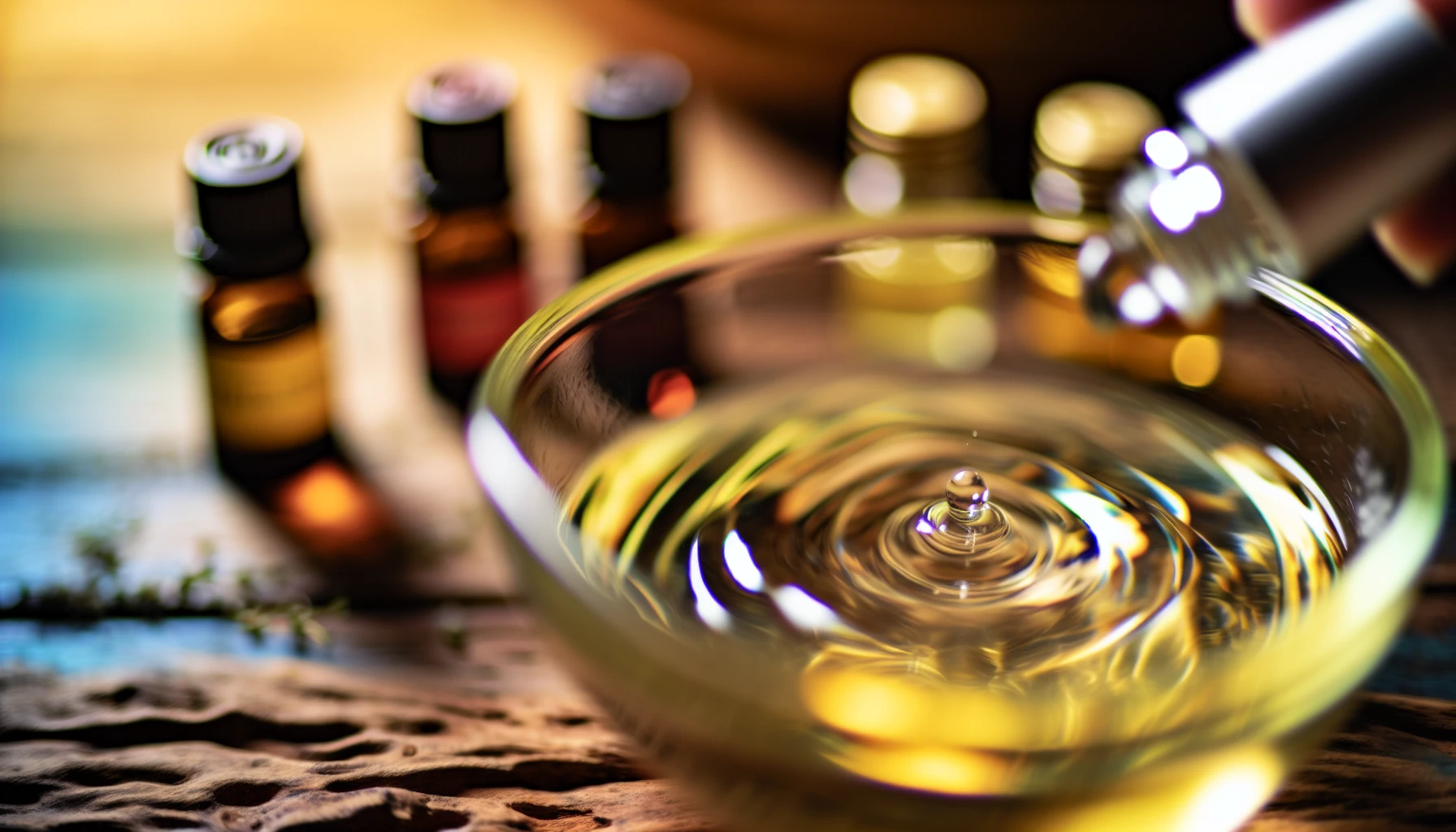 Mixing essential oils in a glass bowl