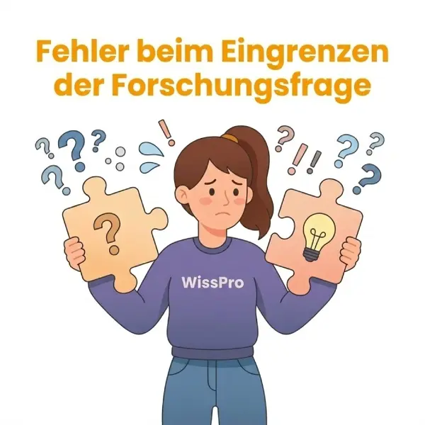 Fehler beim Eingrenzen der Forschungsfrage – Illustration mit unsicherer Studentin, Fragezeichen und Puzzleteilen