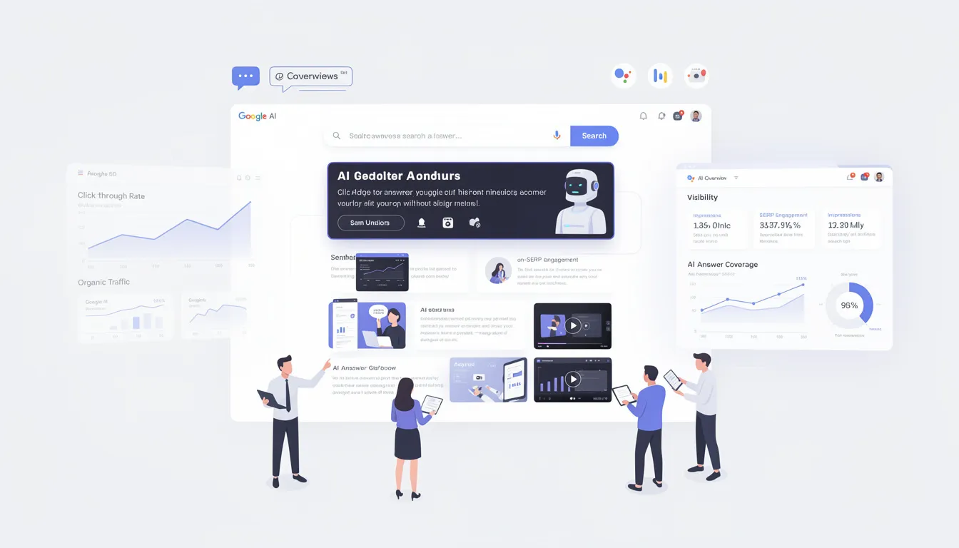 The image depicts a digital landscape showcasing the evolution of search engine optimization in response to the rise of zero-click searches and AI-powered search results. It illustrates various elements such as AI-generated content, search engine algorithms, and SEO strategies, emphasizing the need for businesses to adapt their content creation and optimization efforts to enhance visibility on search results pages.