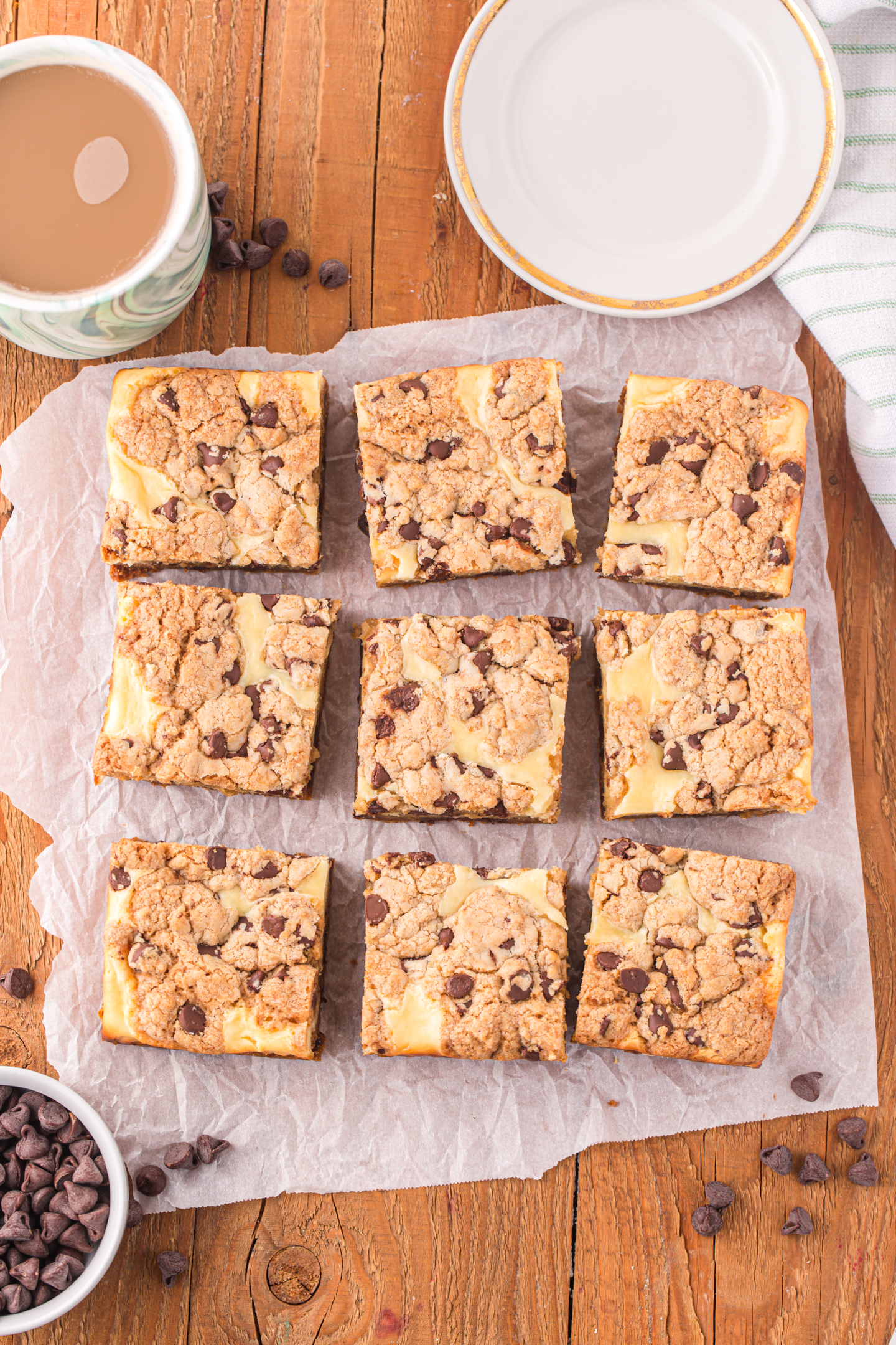 chocolate chip cheesecake bars cut into squares