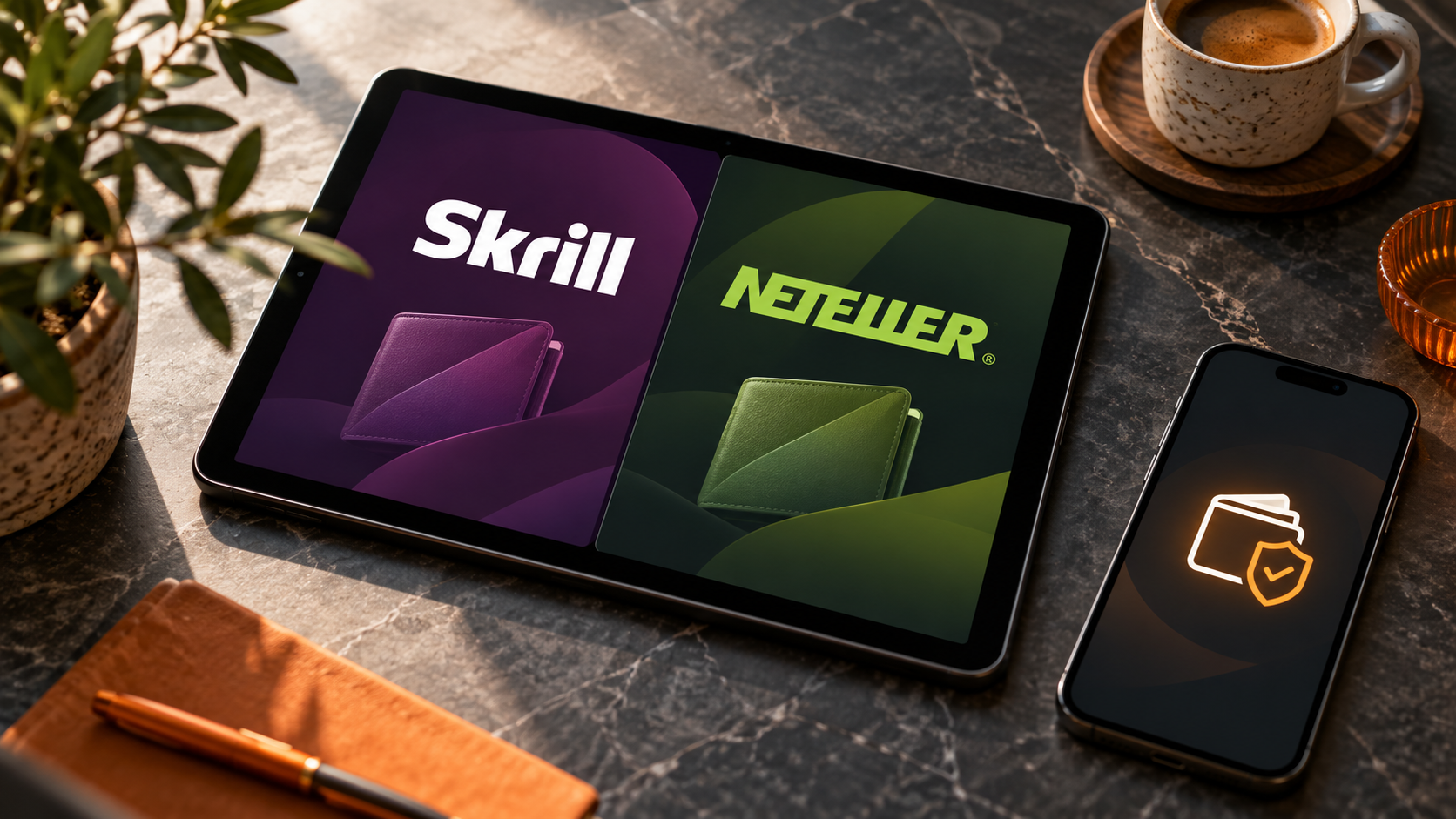 Tablet met Skrill en Neteller als digitale portemonnees, naast een telefoon met een beveiligingssymbool.