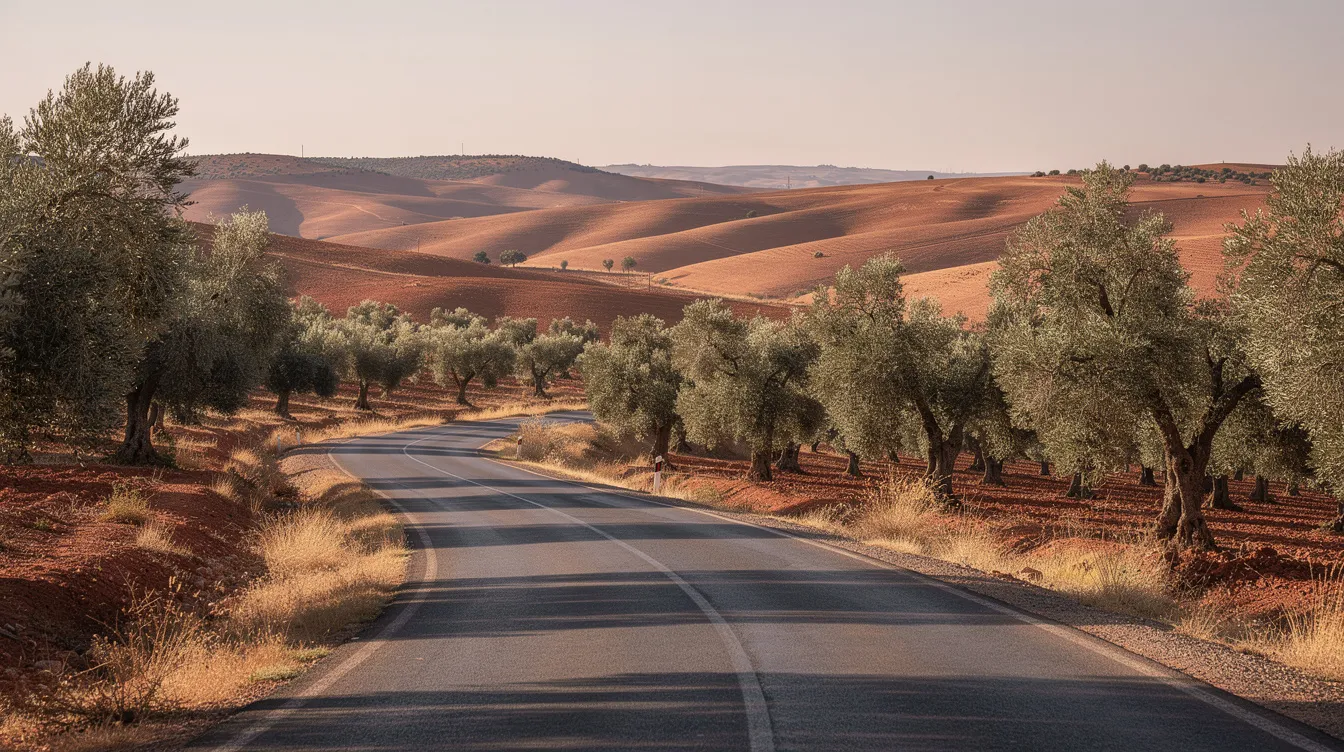 A tarmac road through hilly Moroccan countryside with olive trees.