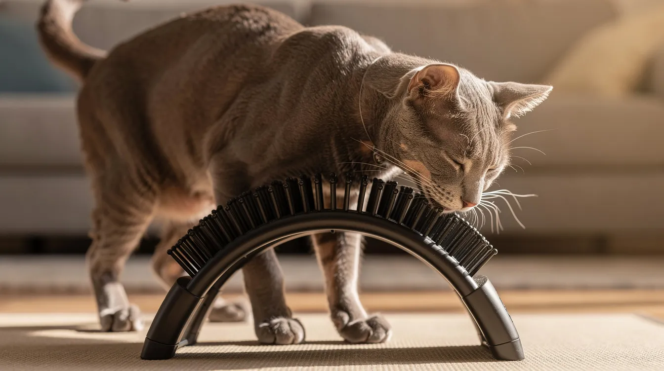 An elderly gray cat is gently leaning into a cat arch self groomer, rubbing its back along the durable plastic bristles of the grooming arch. The cat appears relaxed as it engages in self-grooming, shedding loose hair while enjoying a soothing massage.
