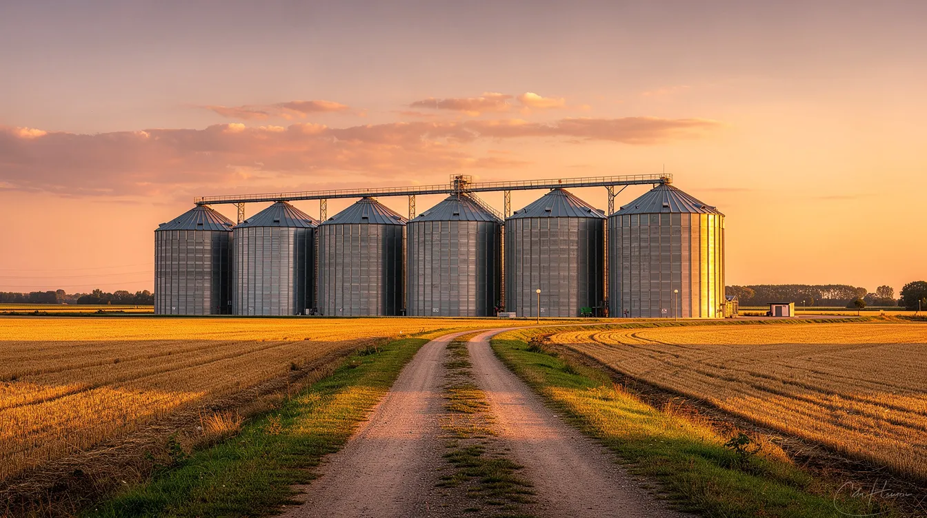 d322d00b b194 4f2e 985e 498b962d72d0 The image depicts modern steel grain silos silhouetted against a vibrant sunset, set within an expansive agricultural landscape. These efficient grain storage facilities play a key role in ensuring food security and managing harvested grains for rural communities.