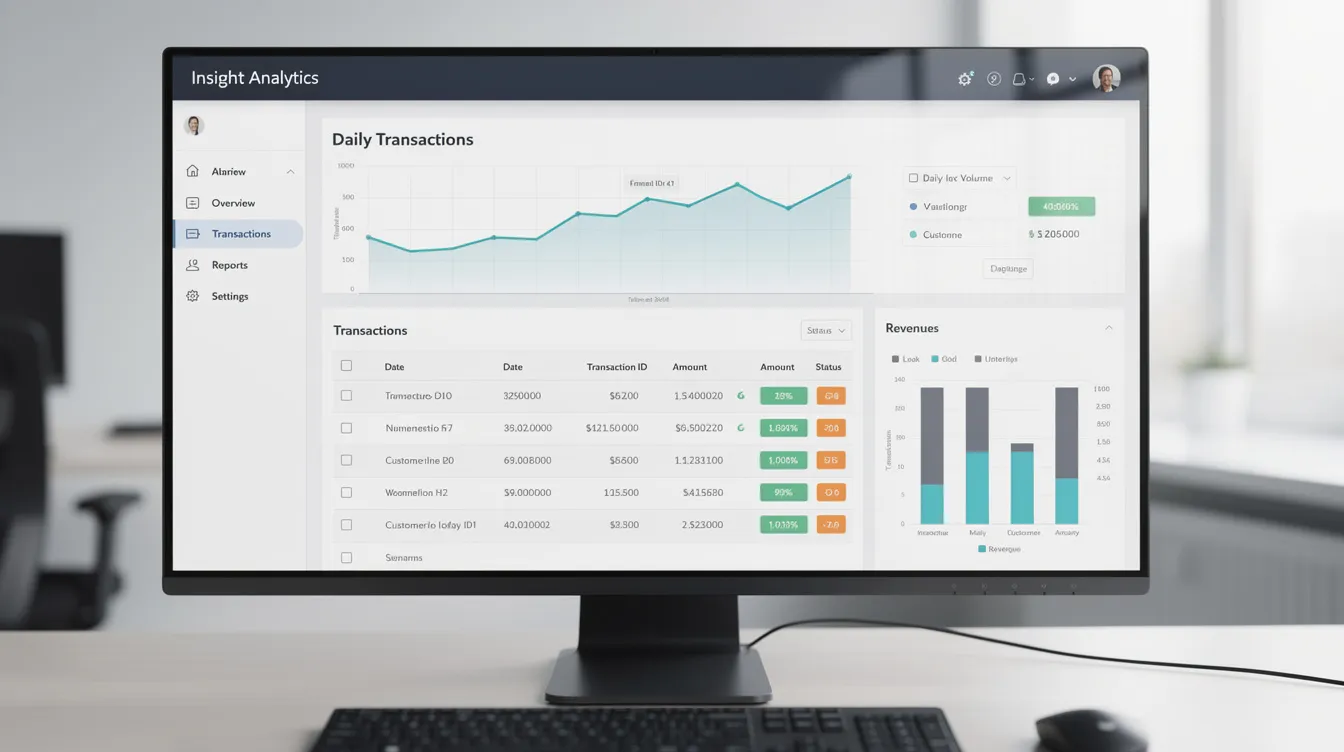 The image depicts a modern analytics dashboard displayed on a computer screen, featuring various transaction data and colorful charts that illustrate payment flows. This dashboard provides businesses with an easy and secure way to monitor their transactions, ensuring compliance and efficiency in processing payments online.