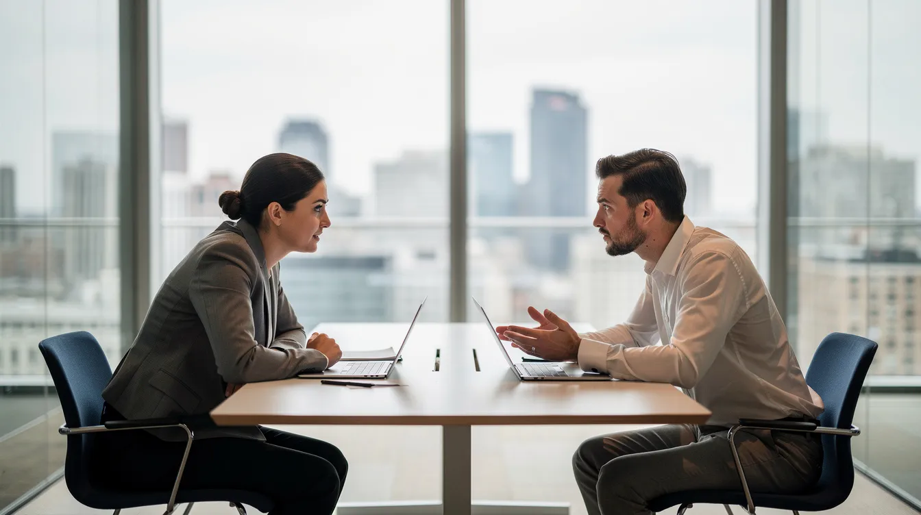 The image depicts two professionals engaged in a focused one-on-one conversation in a modern office setting, demonstrating empathetic leadership through active listening and emotional intelligence. Their interaction highlights the importance of understanding each other's perspectives to foster positive relationships and improve team performance.