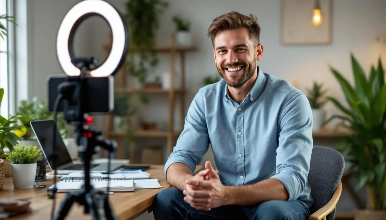A small business owner is filming a creative marketing video using basic equipment, showcasing their brand identity and engaging with their target audience. The scene captures the essence of grassroots marketing efforts aimed at creating a lasting impression through social media engagement.