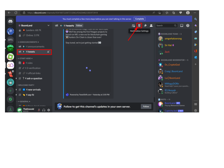 Screenshot illustrating how to access the notification settings in a Discord channel