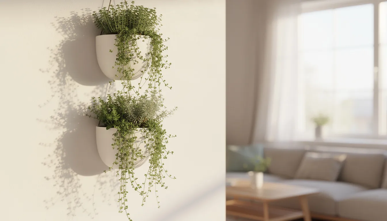 The image features wall-mounted hanging planters filled with cascading thyme and oregano, creating a vibrant indoor herb garden in a sunny living room. The planters are positioned to receive ample natural light, showcasing the beauty of fresh herbs thriving indoors.