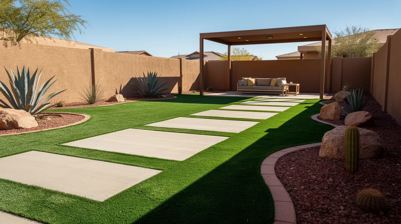 The image depicts an Arizona yard featuring vibrant artificial grass and sleek concrete pavers, creating a modern outdoor space that showcases effective landscape design elements. This landscaping project emphasizes low maintenance and water conservation, ideal for homeowners looking to enhance their property with stylish hardscape and softscape elements.