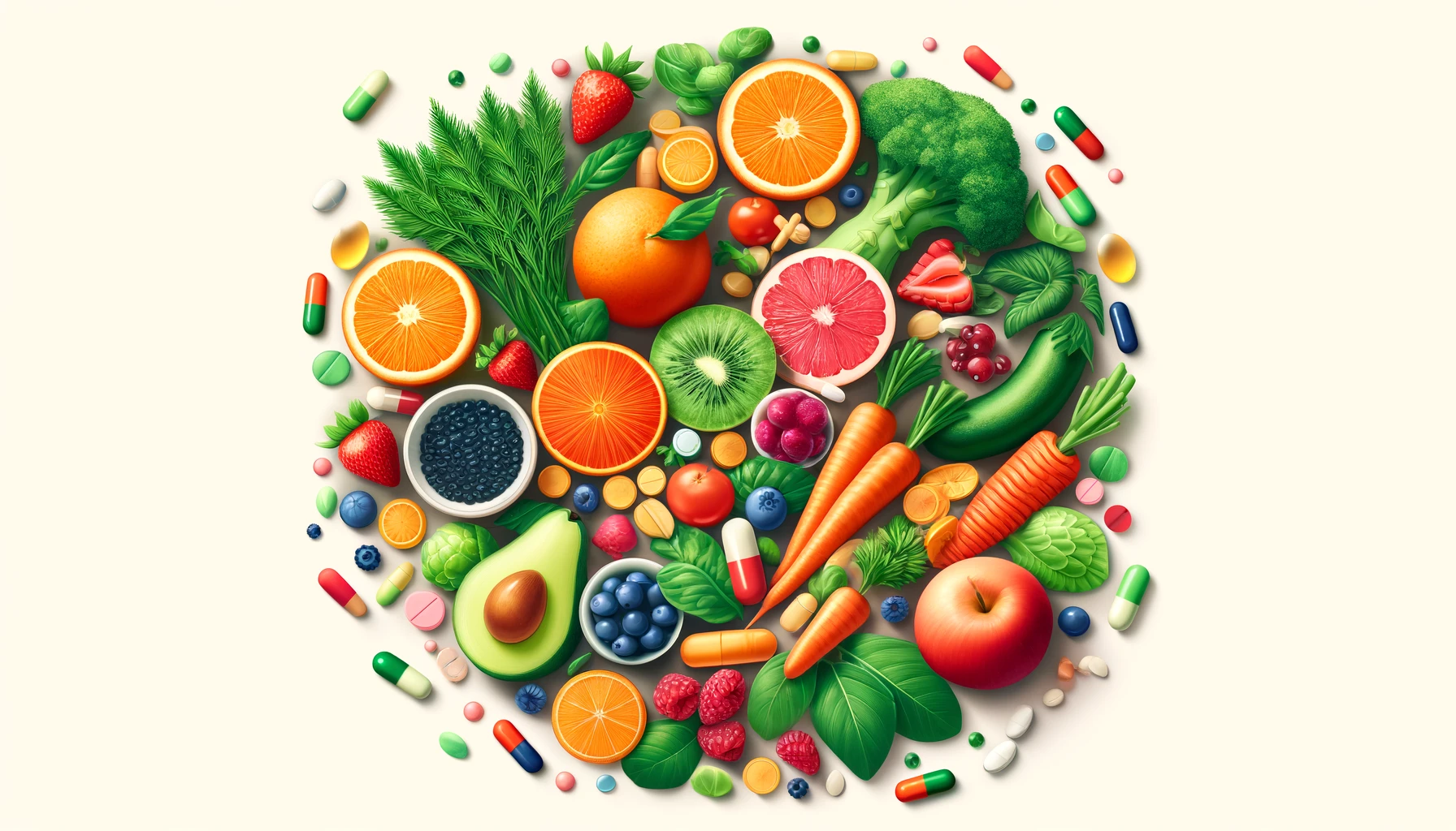 A horizontal image featuring a variety of colorful fruits and vegetables rich in vitamins, such as oranges, berries, carrots, and leafy greens, along with vitamin capsules or tablets.