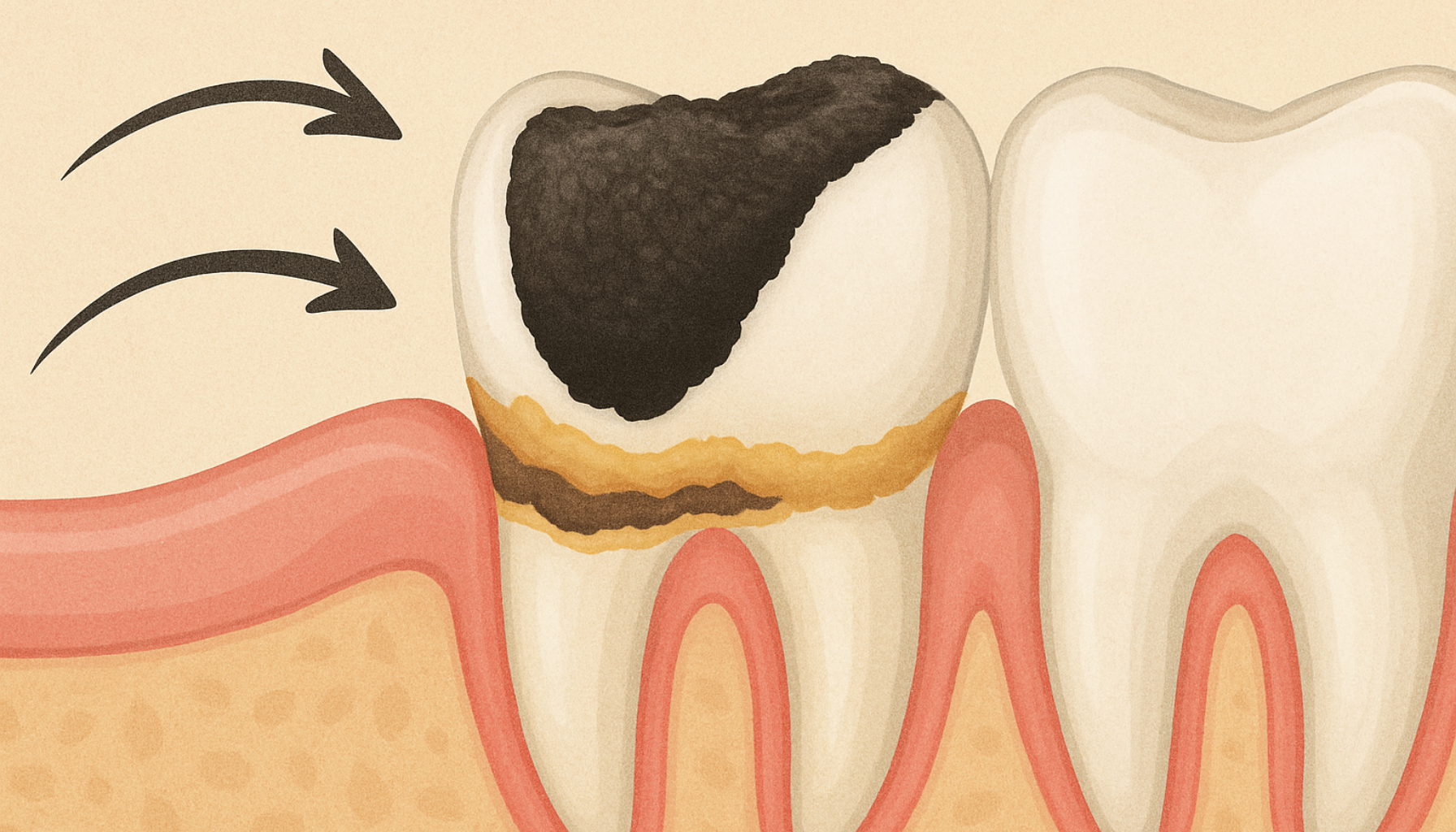 Nærbilde av tann med svart tannstein langs tannkjøttet, omgitt av friske tenner og rosa tannkjøtt. Ask ChatGPT
