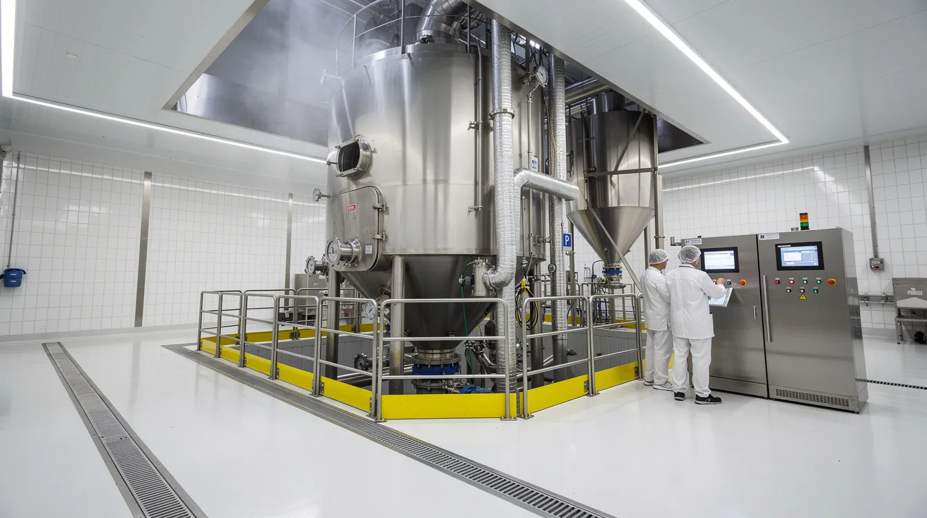 d32a5094 f95d 465d a528 8be918e21ca0 The image depicts an industrial spray drying tower located within a modern dairy processing facility, showcasing a key component of the milk powder manufacturing process. This tower is integral to the production of skimmed milk powder and whole milk powder, highlighting the efficiency and technology used in the dairy processing industry.