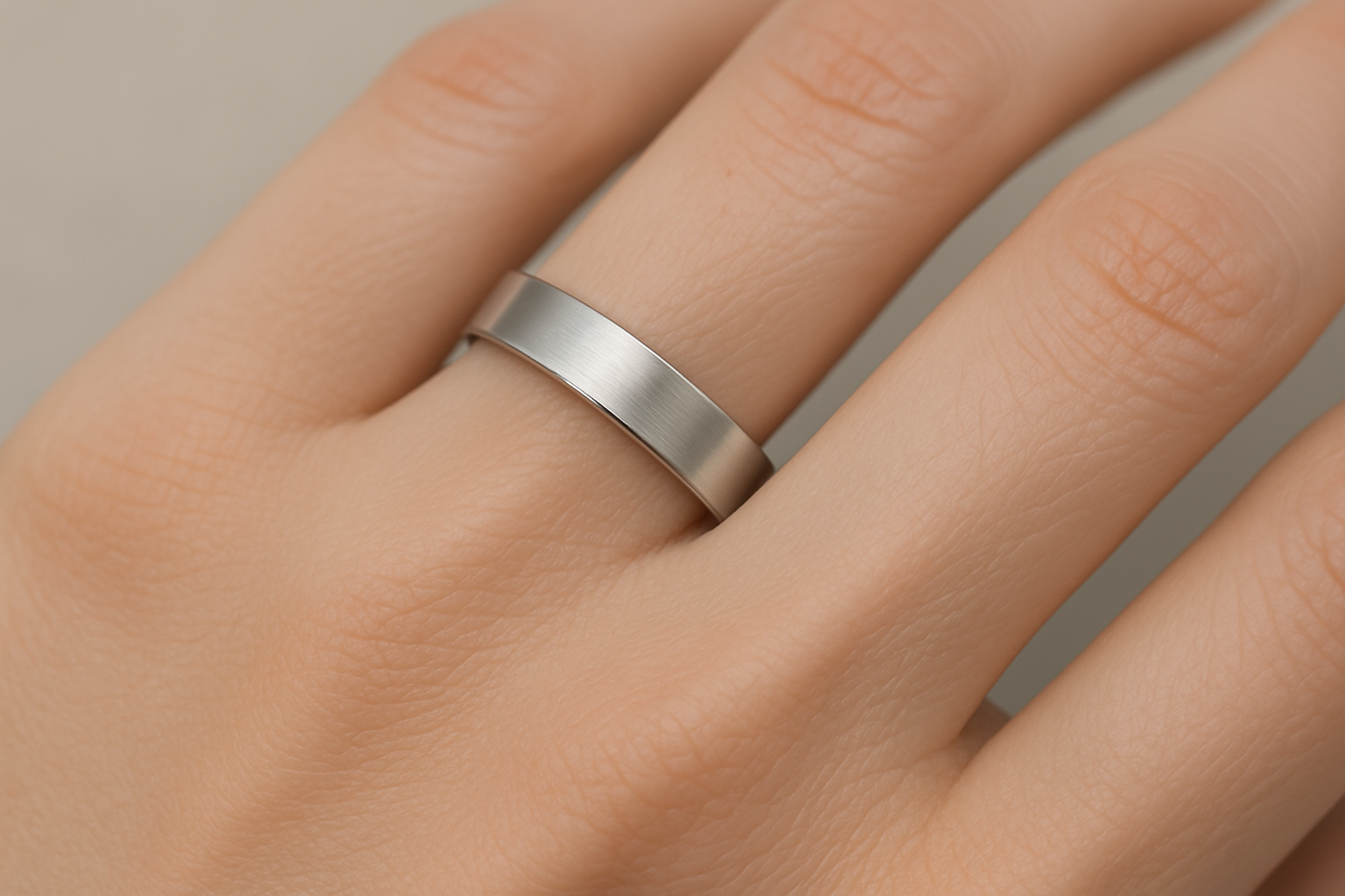 balto aukso modernus vestuvinis žiedas padengtas rodžiu ant rankos