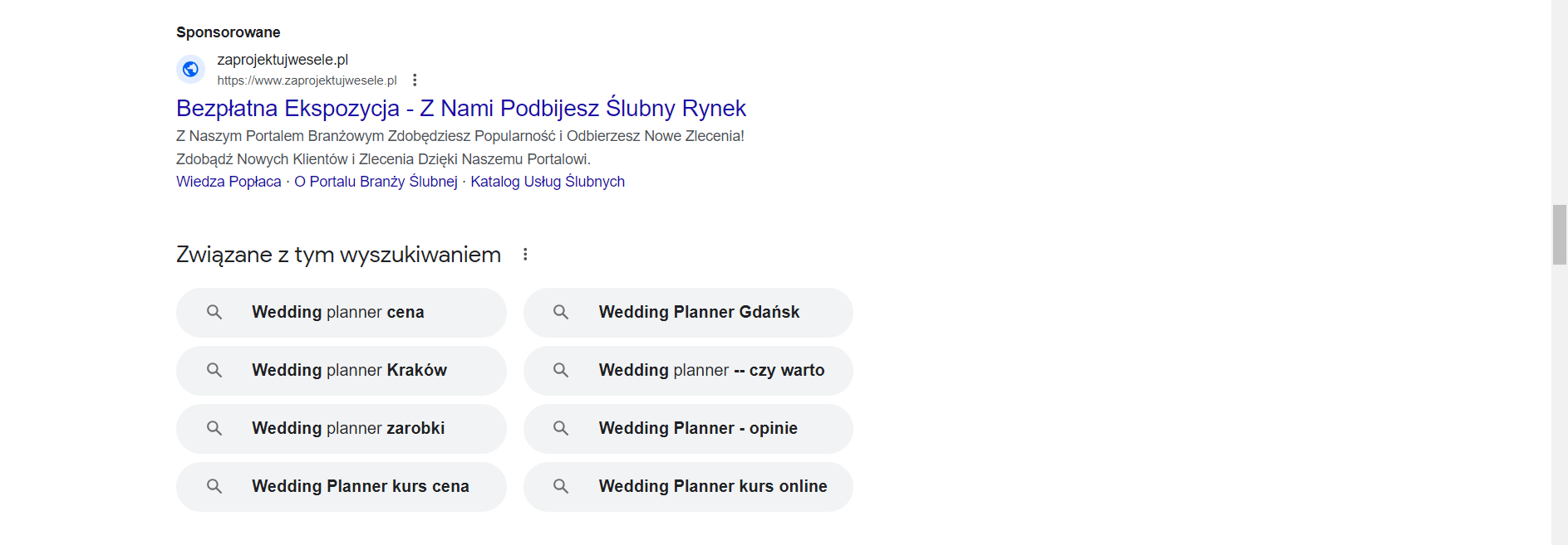 Zrzut widoku na sponsorowane wyniki wyszukiwania w Google Ads, pojawiające się na dole strony. 