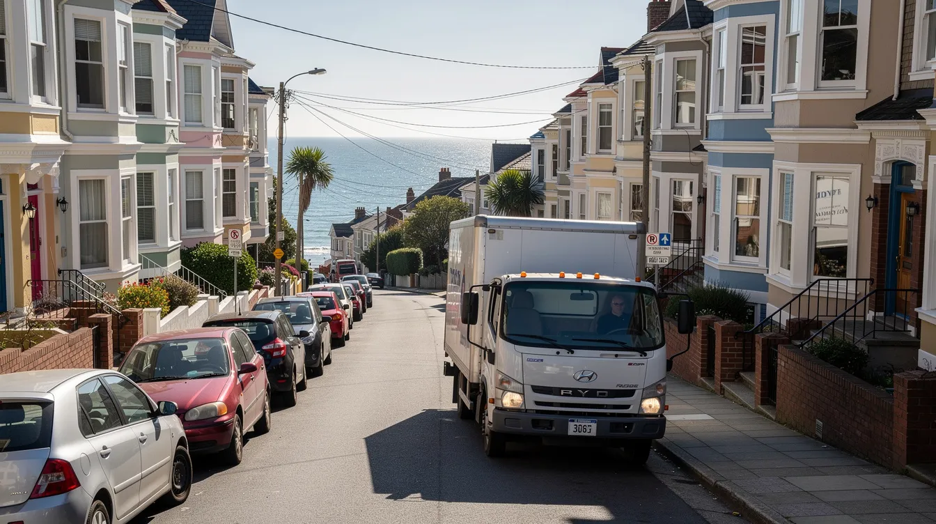 A moving truck carefully navigates a narrow coastal suburban street lined with charming terrace houses, symbolizing the stress-free experience of an interstate move. This scene captures the essence of relocation logistics as professional movers assist in transporting valuable belongings to a new location.