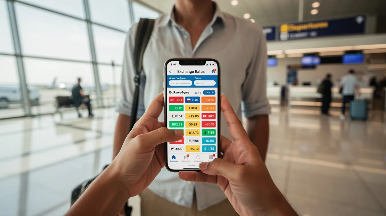 A person stands at an airport, holding a smartphone and examining currency exchange information on the screen, likely considering options for international money transfer services like Western Union or Wise. The scene highlights the importance of checking exchange rates and transfer fees before sending money abroad.