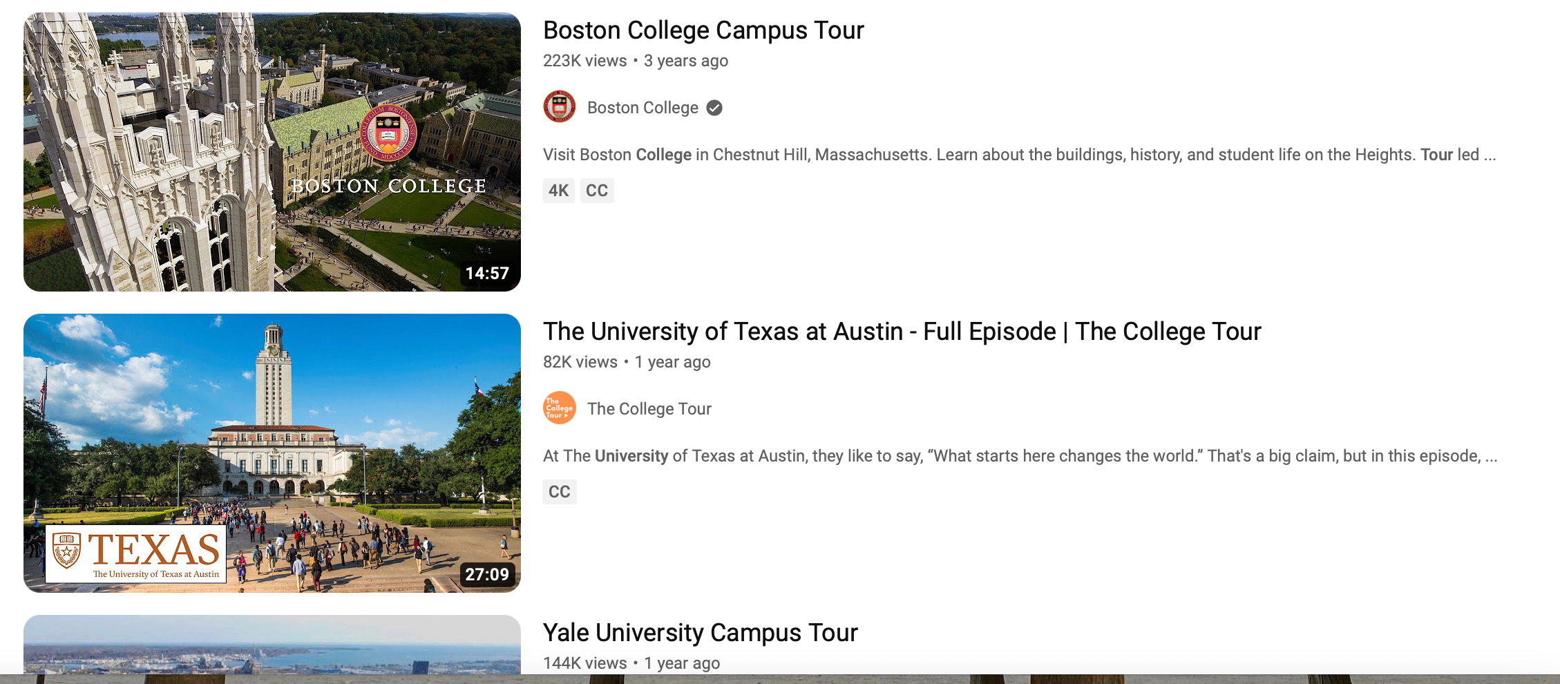 A number of colleges have made virtual tours available on their university website or Youtube.