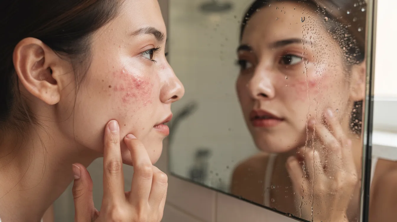 A person is standing in front of a mirror, examining their face for signs of sensitive skin, such as redness and irritation, in soft natural light. This scene highlights the importance of recognizing skin sensitivity and managing symptoms effectively in a skincare routine.