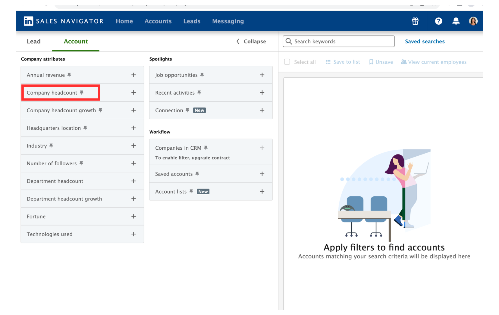 Sales Navigator company headcount filter