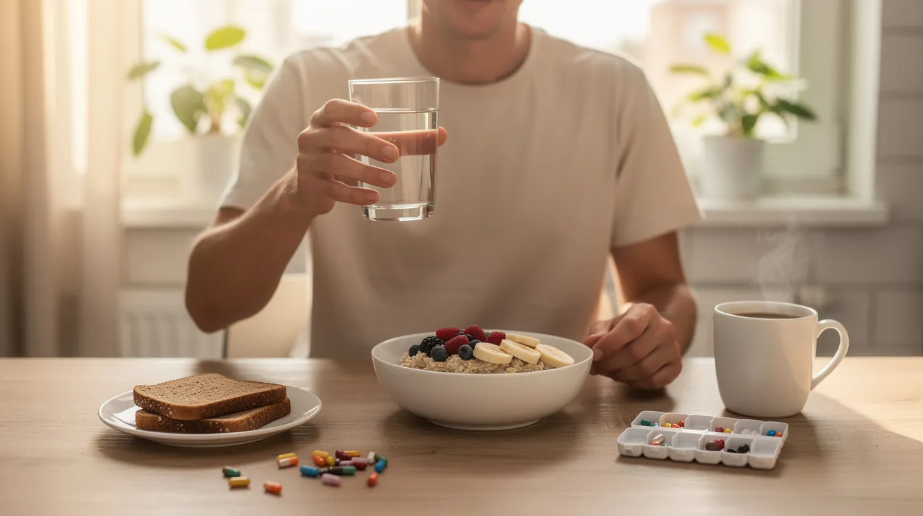 A person is seen taking dietary supplements, including vitamin C, alongside a healthy breakfast, emphasizing the importance of supporting healthy aging and overall health. The scene reflects a focus on energy levels and cellular health, highlighting the potential benefits of NAD supplements for maintaining vitality.