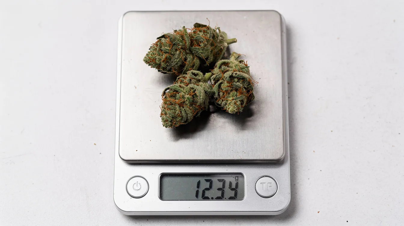 The image shows a digital kitchen scale with cannabis buds placed on it, highlighting the process of weighing cannabis flower for making cannabutter or other cannabis edibles. This careful measurement is essential for determining the ideal dose and ensuring the potency of homemade edibles.