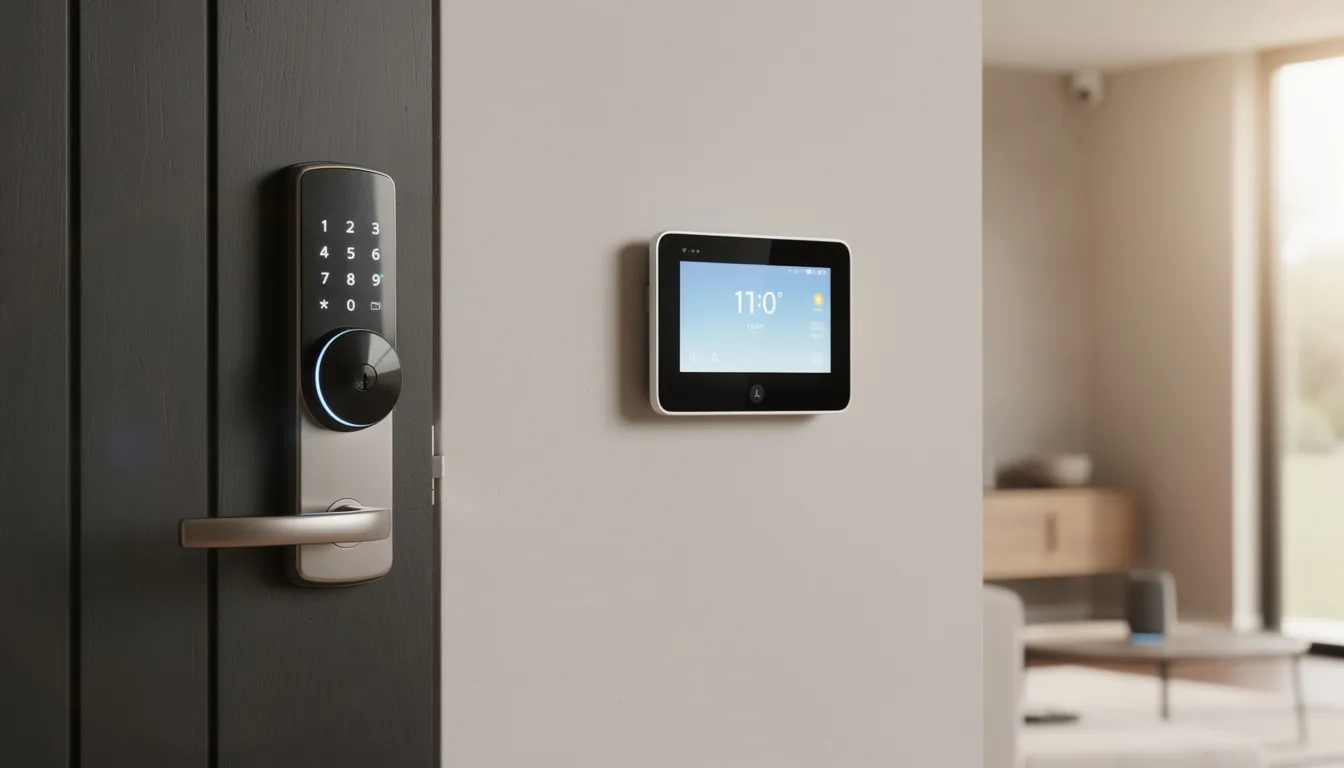 The image features smart home devices, including a keyless entry pad and a digital thermostat, which enhance tenant satisfaction and streamline operations for property management companies. These devices exemplify effective property management by improving security and energy efficiency in rental properties.