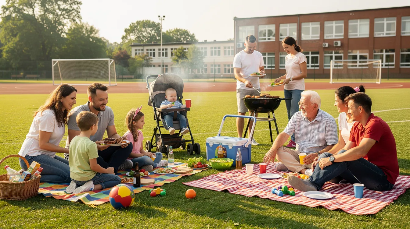 Na szkolnym boisku podczas pikniku z grillem, rodziny siedzą na kocach, ciesząc się wspólnym czasem. Atmosfera radości i świętowania jubileuszu szkoły wypełnia przestrzeń, a dzieci bawią się w pobliżu, tworząc piękne wspomnienia z życia szkolnego.