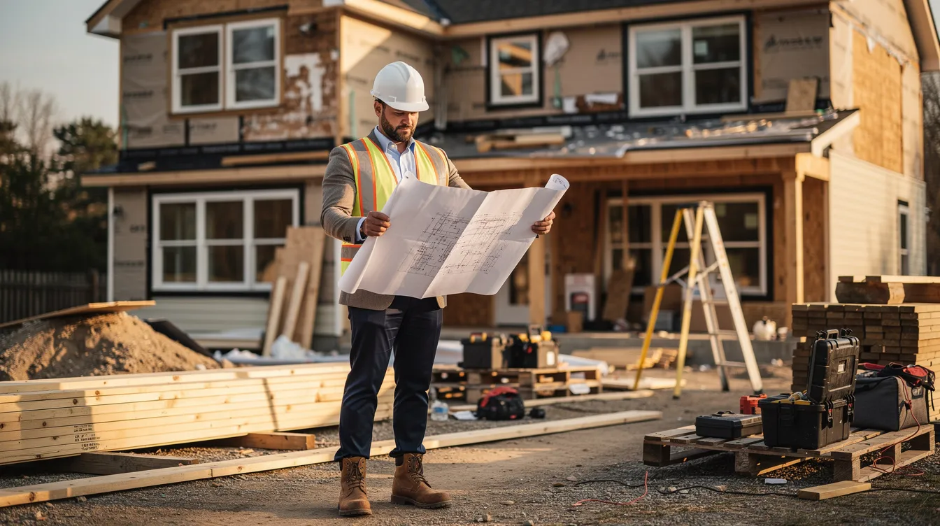 A real estate investor is intently reviewing blueprints on a construction site, with a partially renovated house in the background, indicating ongoing home improvements. This scene highlights the investor's focus on maximizing the property's market value, which may involve exploring options like a home equity loan or a home equity line of credit for funding future renovations.