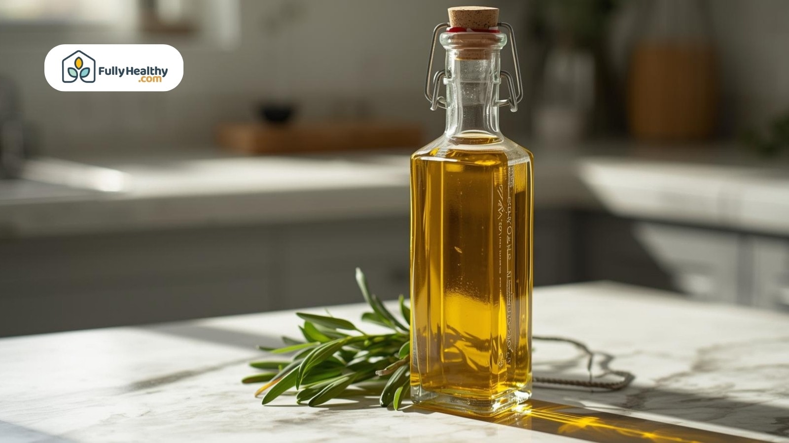 Square olive oil bottle with cork on marble kitchen counter