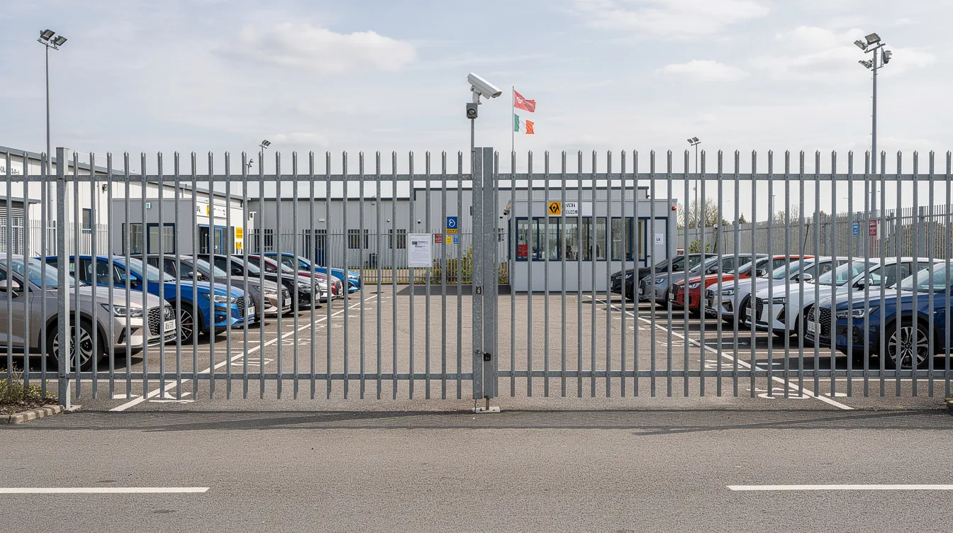 The image depicts a professional vehicle terminal facility, featuring several cars parked securely behind a sturdy fence, indicating a designated terminal for auto transport services. This terminal to terminal shipping location provides secure storage for vehicles, highlighting the importance of safety in the car shipping process.