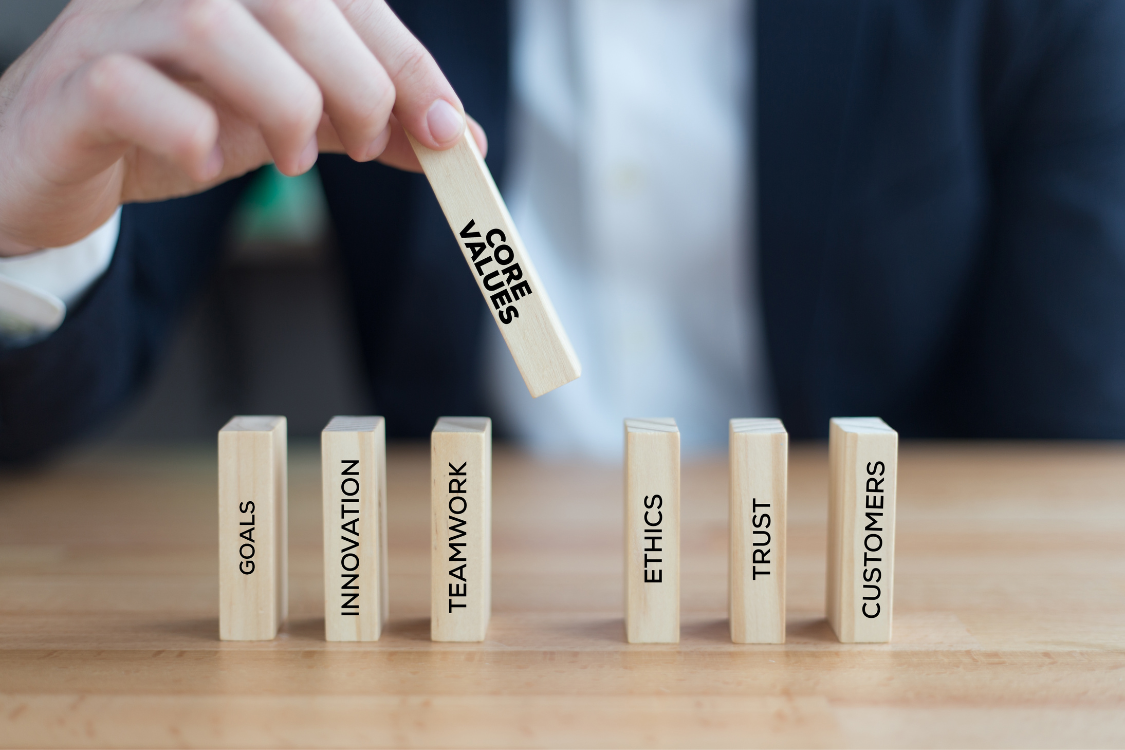 Blocks labeled core values showing supplement manufacturer brand alignment principles