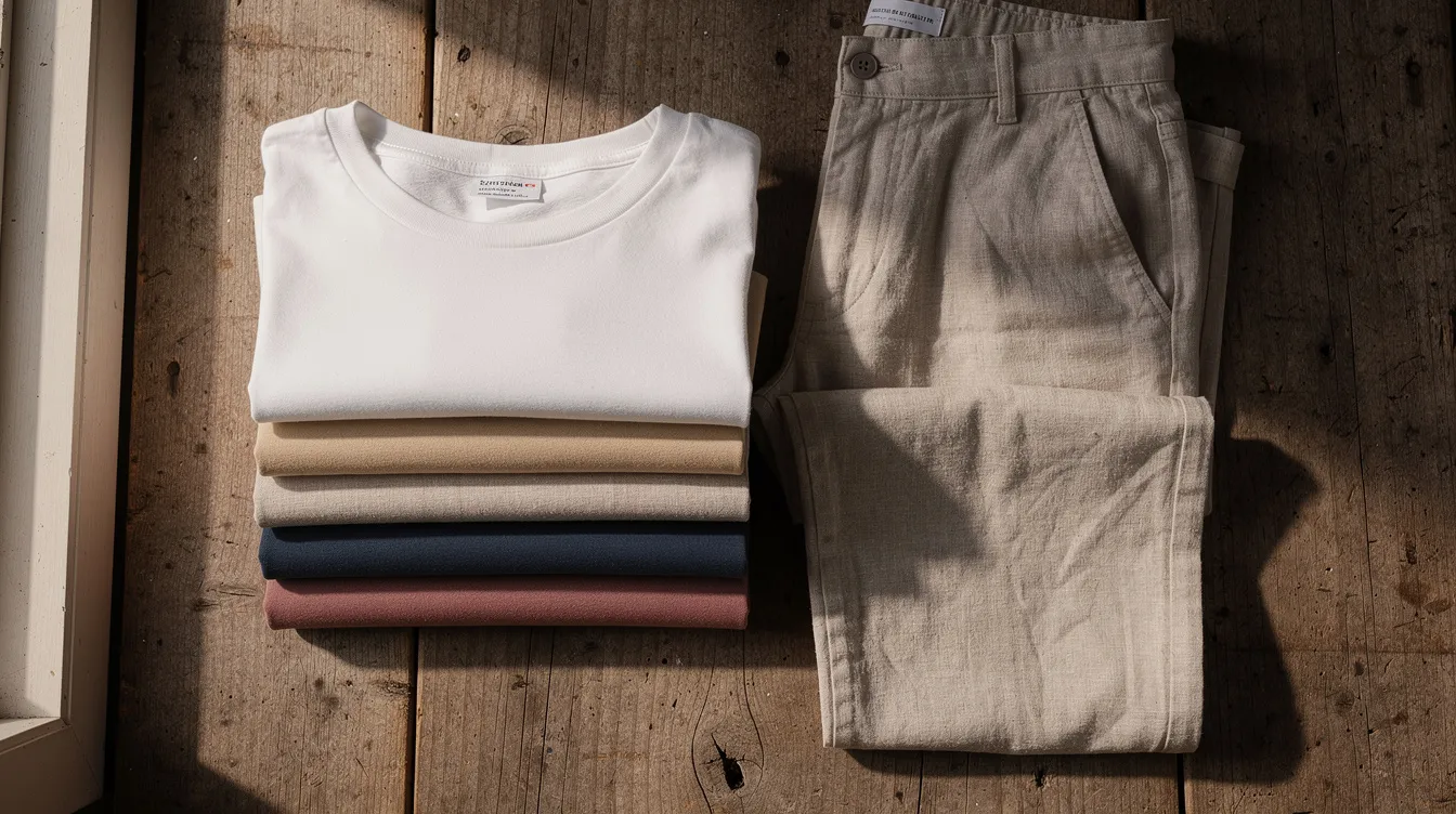 A neatly arranged display of folded cotton t-shirts and linen pants sits on a wooden surface, showcasing travel clothes that can help keep your suitcase smelling fresh. This organized setup reflects effective ways to pack clean clothes while minimizing unpleasant odors during your trip.