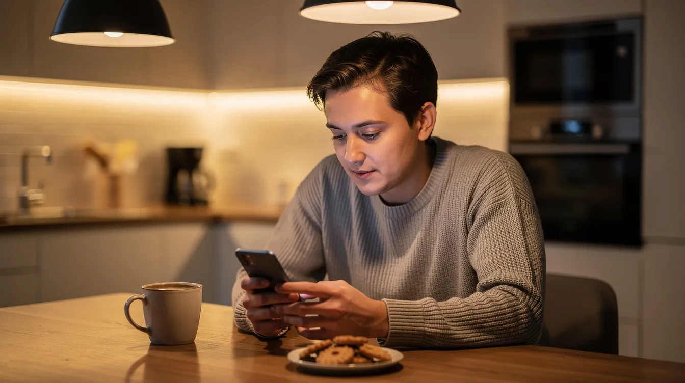 A person is sitting at a kitchen table in a warm, relaxed atmosphere, using a smartphone to initiate an online money transfer. The scene captures the ease of sending money to Pakistan, highlighting the convenience of modern payment methods.