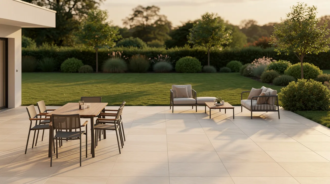 Une terrasse carrelée, baignée par la lumière douce de la fin de journée d'été, est ornée d'un mobilier contemporain en bois et métal, offrant une vue apaisante sur un jardin verdoyant. Cet espace extérieur, idéal pour la détente, met en valeur le savoir-faire d'un artisan carreleur à Nantes, avec des revêtements de qualité qui embellissent l'aménagement.