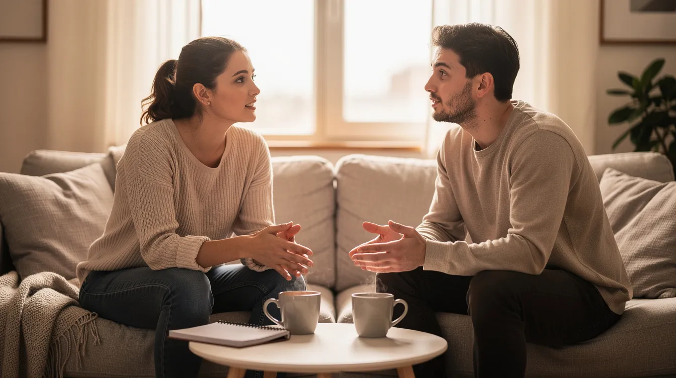 A couple engages in a healthy conversation about setting boundaries in their relationship, focusing on personal growth and emotional well-being. They discuss the importance of clear boundaries and mutual respect to maintain their individual needs and personal space.
