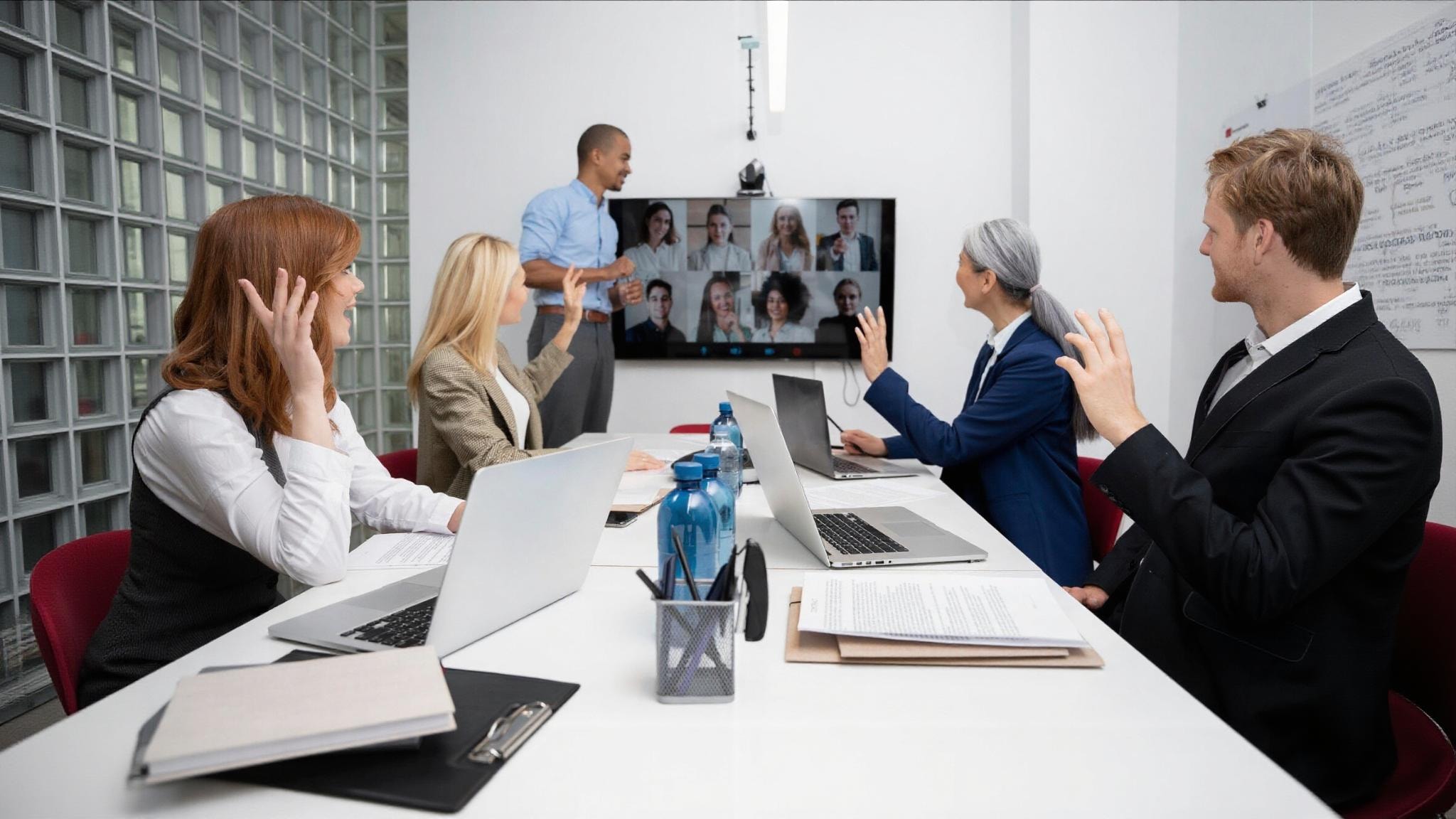 Team in office on group video conference call