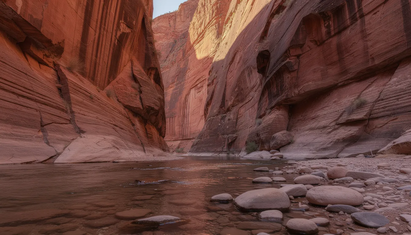 The image depicts a narrow canyon with towering red rock walls, where a small river flows at the bottom, surrounded by the rugged beauty of the landscape. This scene evokes the stunning natural formations found in Morocco's middle Atlas mountains, reminiscent of the dramatic vistas encountered on a desert tour or a fes to merzouga journey.