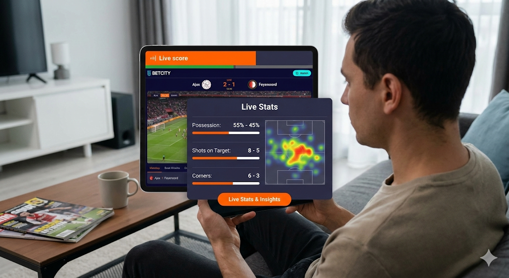 Speler volgt live score van Ajax tegen Feyenoord via legale online bookmakers op tablet, met live wedden en online weddenschappen op Nederlands voetbal, realtime statistieken en beste odds onder toezicht van de Nederlandse Kansspelautoriteit sinds de legalisering van online bookmakers in 2021.