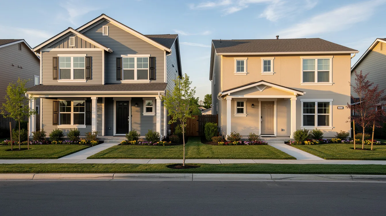 The image shows two renovated houses side by side on a suburban street, featuring fresh landscaping that enhances their appeal.