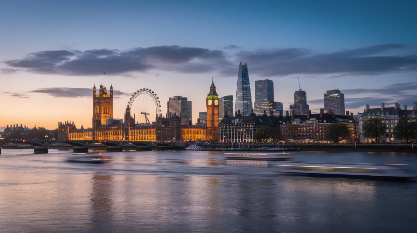The image captures the stunning London skyline at dusk, with the River Thames shimmering in the foreground. Iconic landmarks like the Shard and the London Eye are silhouetted against a vibrant sunset sky, creating a picturesque view of the city.