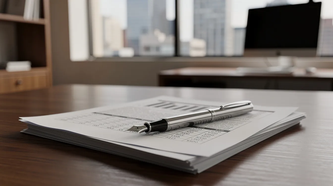The image depicts a pile of financial documents alongside a pen, resting on a wooden desk in an office environment. This setting suggests a focus on business-related tasks, possibly involving 中小企業貸款 or loan applications.