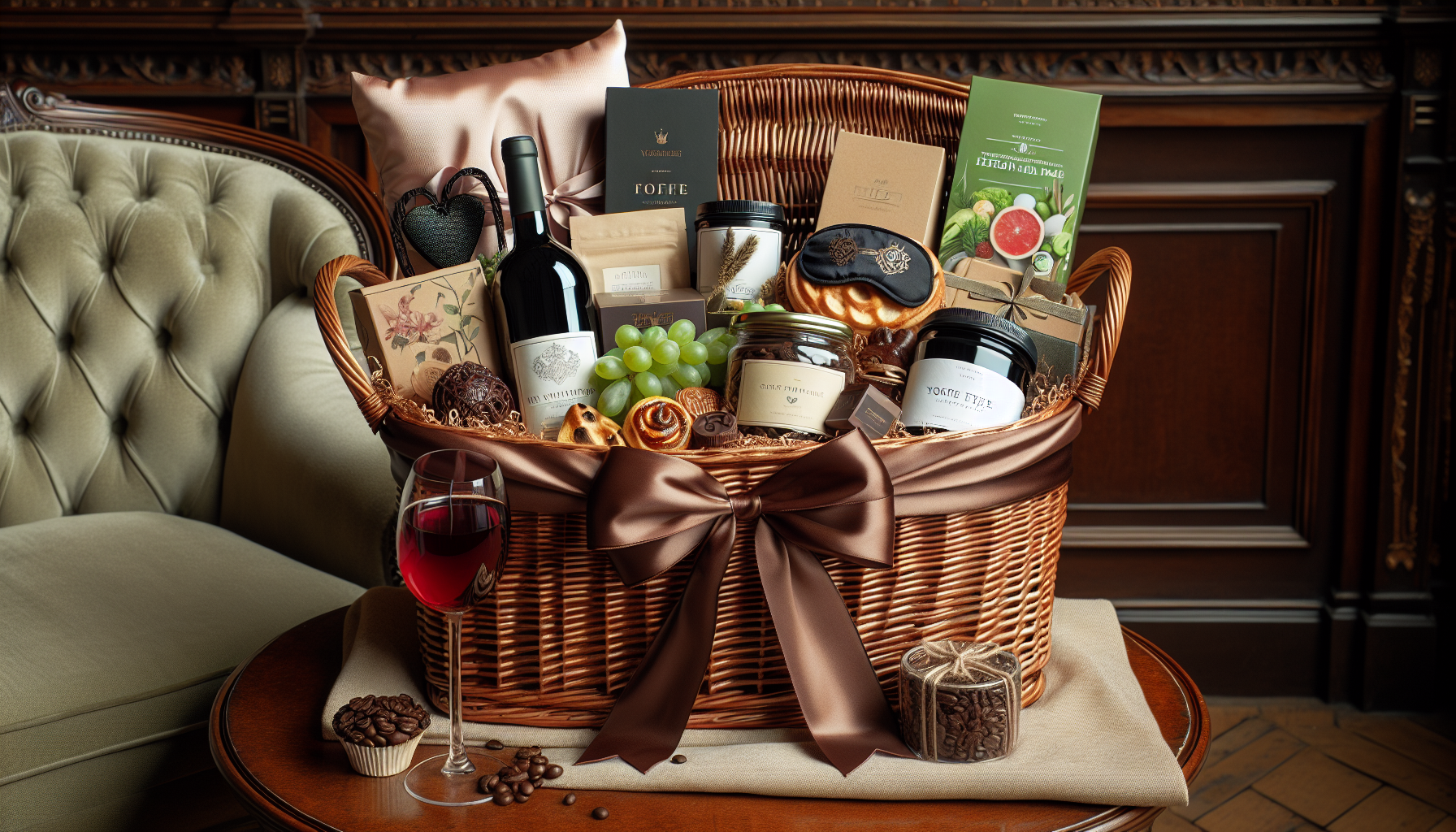 Elegant adult birthday basket with gourmet foods and wine