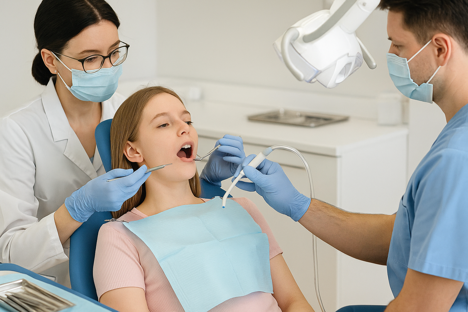 Jente får tannbehandling av to tannleger med munnbind og hansker i en moderne tannklinikk.