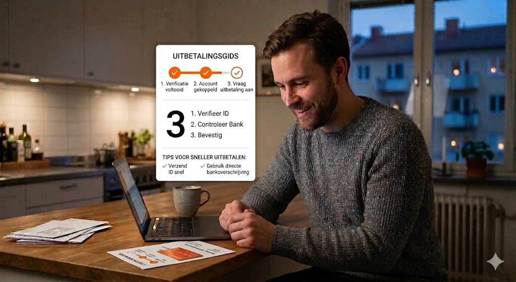 Speler bekijkt een uitbetalingsgids voor een online casino, met stappen zoals KYC-verificatie, bankcontrole en uitbetaling aanvragen om een snelle casino uitbetaling of directe uitbetaling bij een online casino in Nederland te krijgen.