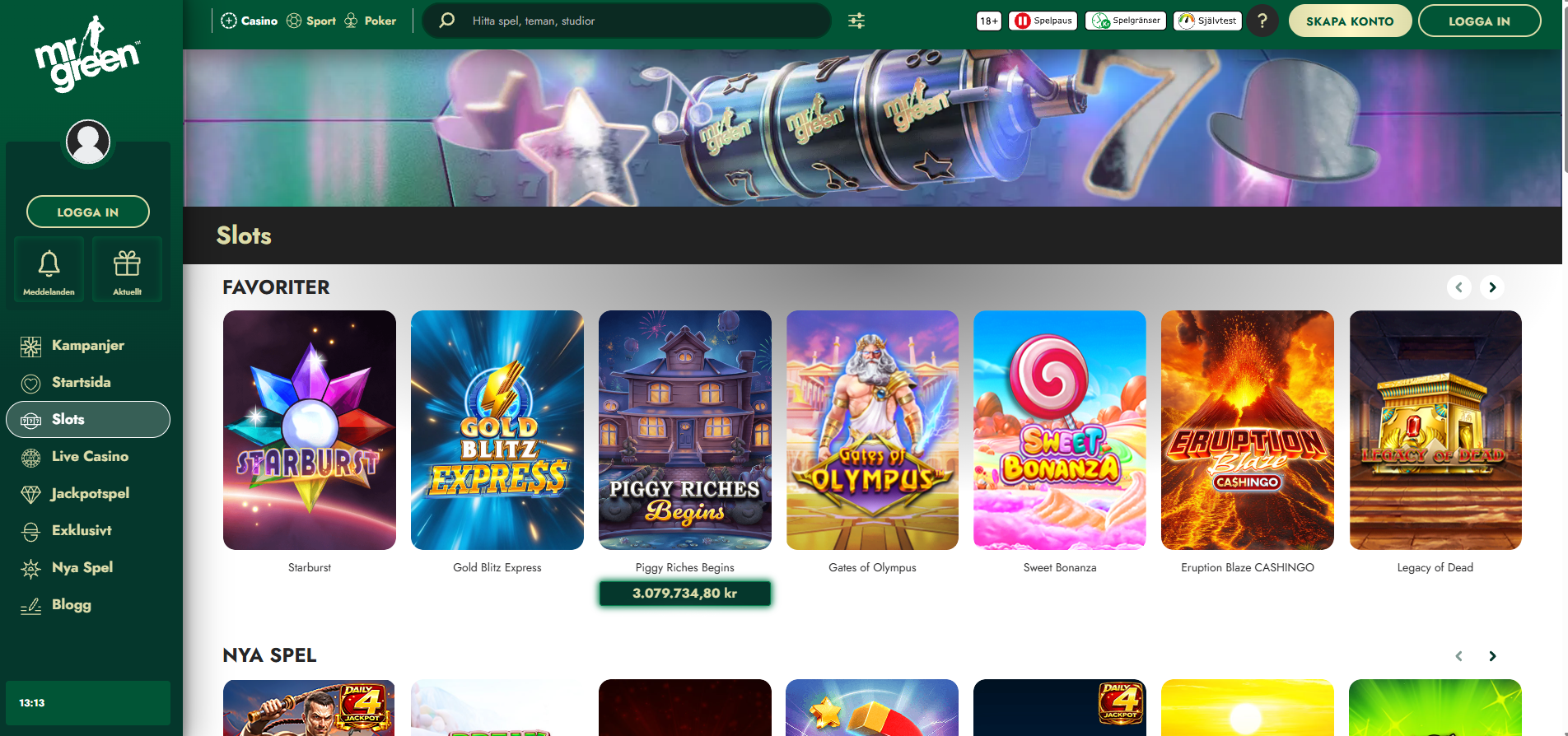 Mr Greens slots med bland annat Starburst och Sweet Bonanza.