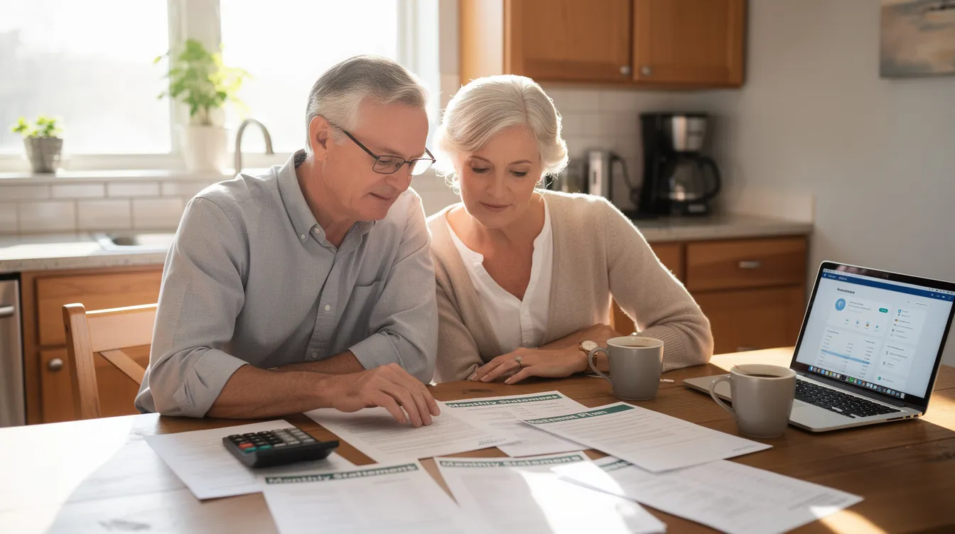 An older couple is seated at a kitchen table, intently reviewing financial documents together, which may include plans for managing their expenses and savings. The scene reflects their desire to make informed decisions about their finances as they navigate their financial planning.