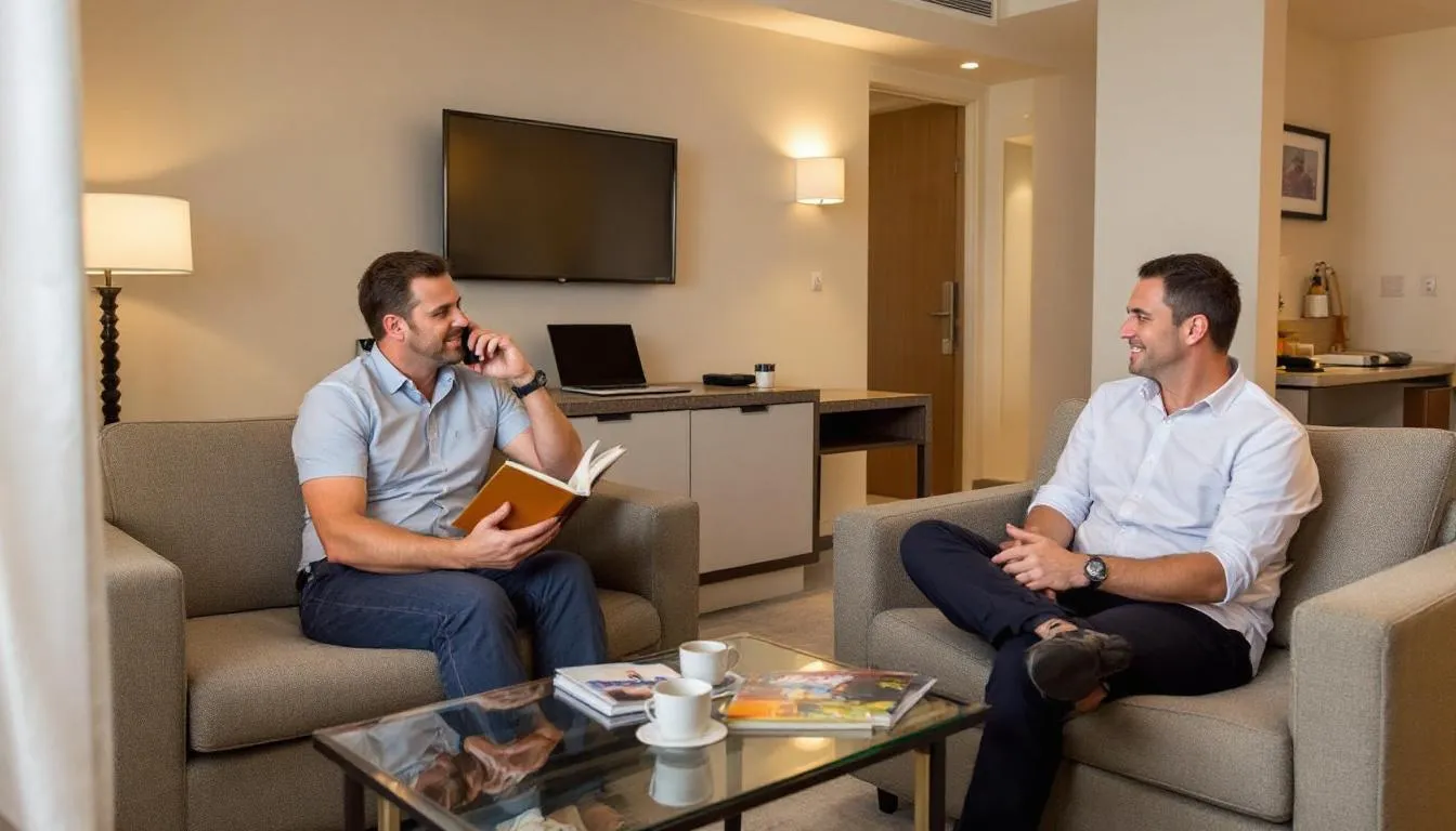 In a cozy double room at a hotel, guests are seen relaxing in a comfortable seating area, which includes a sofa and a small table, creating a welcoming atmosphere for two people. The room features soft lighting and tasteful decor, perfect for unwinding after a day of travel.