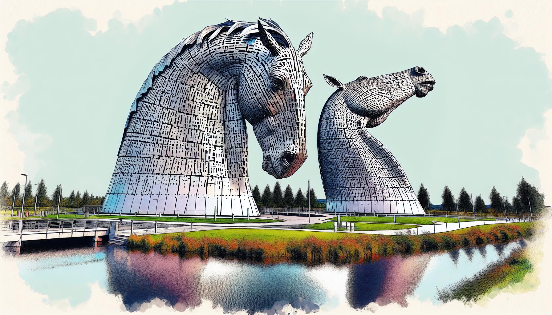 Giant horse head sculptures in Helix Park